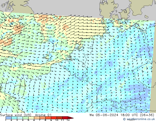 Surface wind (bft) Arome 01 St 05.06.2024 18 UTC