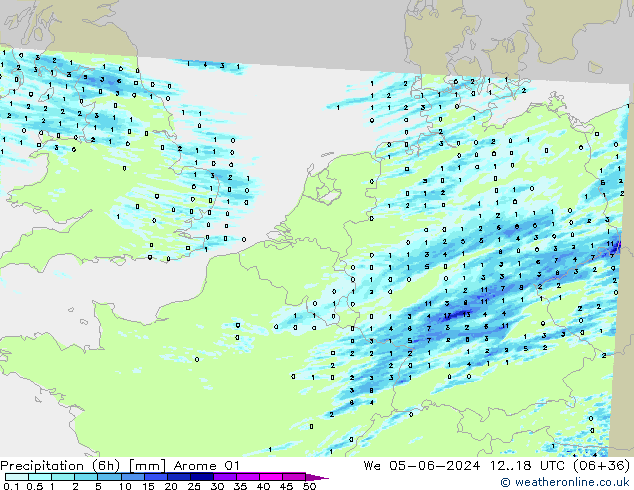 Totale neerslag (6h) Arome 01 wo 05.06.2024 18 UTC