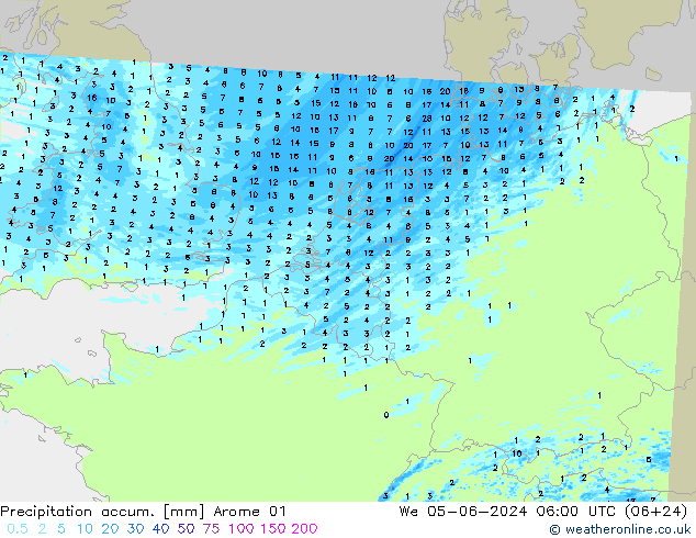 Precipitation accum. Arome 01 mer 05.06.2024 06 UTC