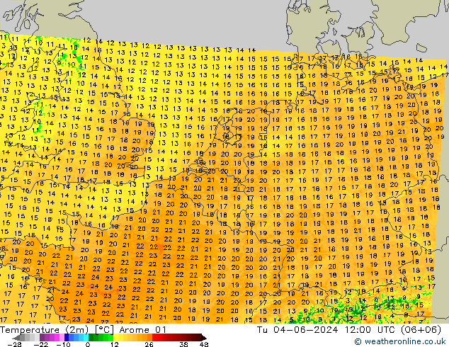 Temperature (2m) Arome 01 Út 04.06.2024 12 UTC