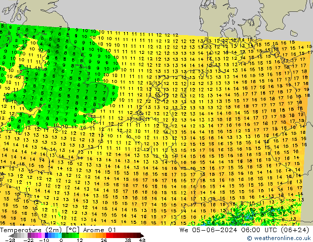 Temperatuurkaart (2m) Arome 01 wo 05.06.2024 06 UTC