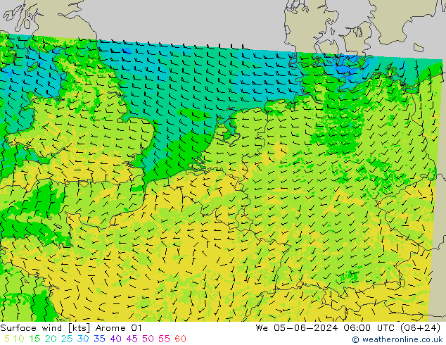 Vento 10 m Arome 01 mer 05.06.2024 06 UTC