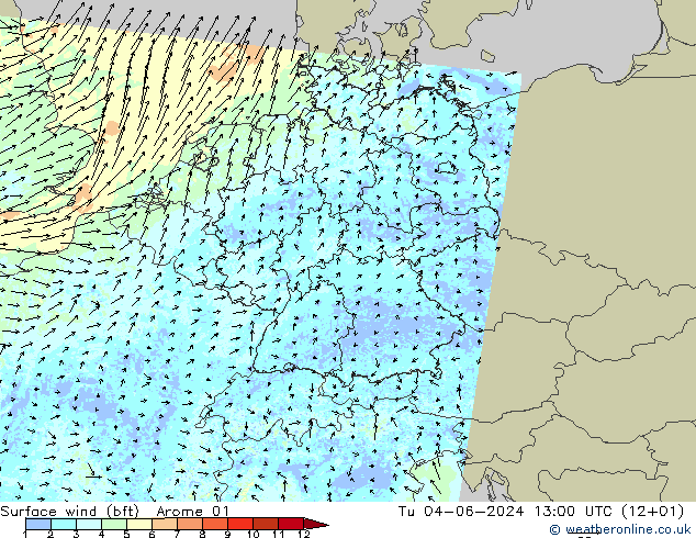 Bodenwind (bft) Arome 01 Di 04.06.2024 13 UTC