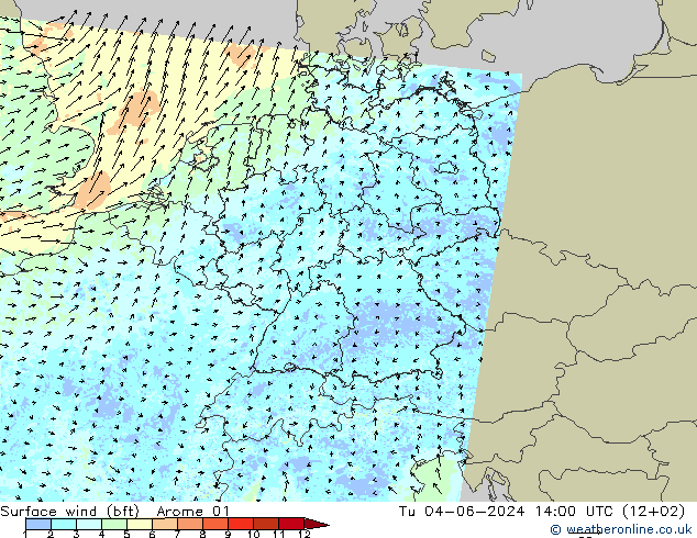 Bodenwind (bft) Arome 01 Di 04.06.2024 14 UTC