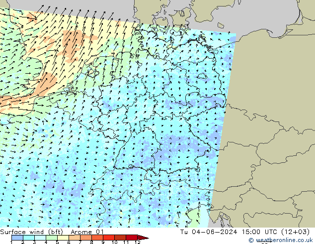 Surface wind (bft) Arome 01 Út 04.06.2024 15 UTC