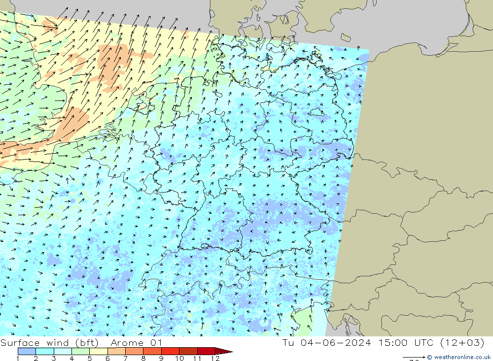 Bodenwind (bft) Arome 01 Di 04.06.2024 15 UTC