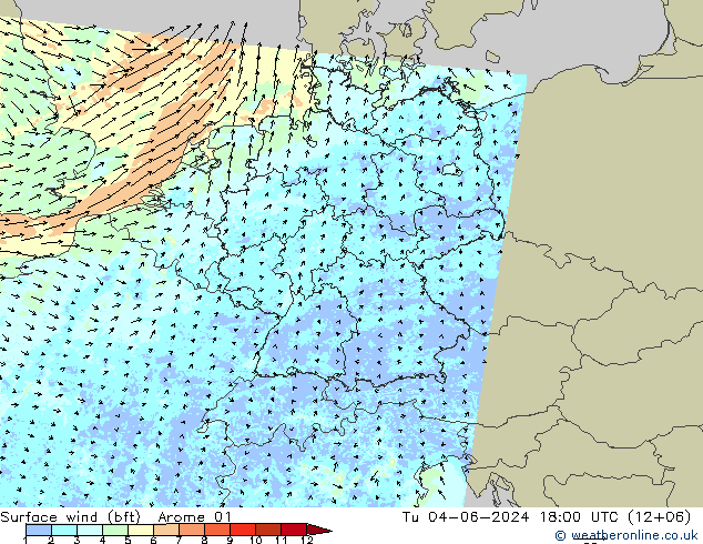 wiatr 10 m (bft) Arome 01 wto. 04.06.2024 18 UTC