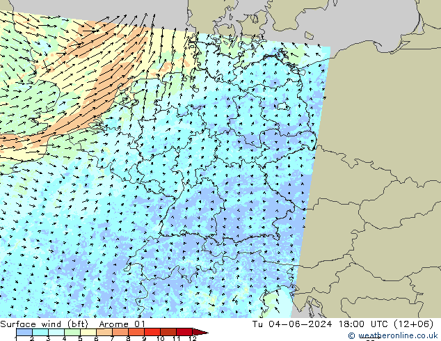 Vento 10 m (bft) Arome 01 Ter 04.06.2024 18 UTC