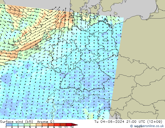 Rüzgar 10 m (bft) Arome 01 Sa 04.06.2024 21 UTC