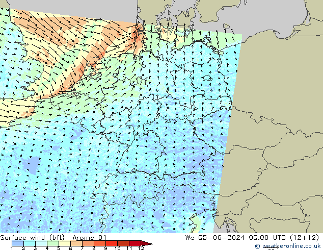 Wind 10 m (bft) Arome 01 wo 05.06.2024 00 UTC