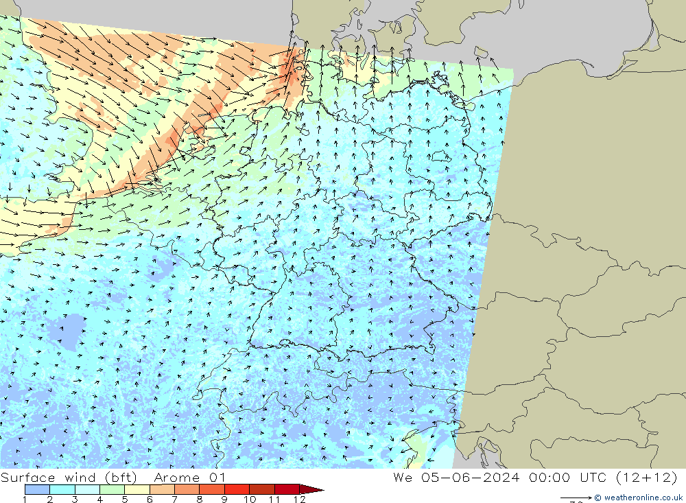 Viento 10 m (bft) Arome 01 mié 05.06.2024 00 UTC