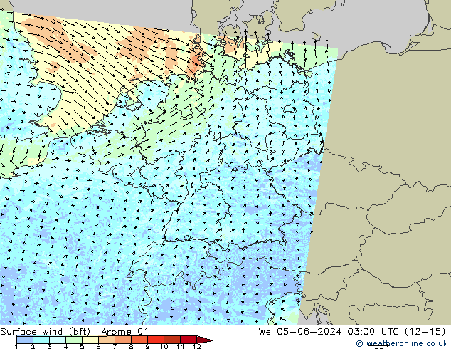 Viento 10 m (bft) Arome 01 mié 05.06.2024 03 UTC