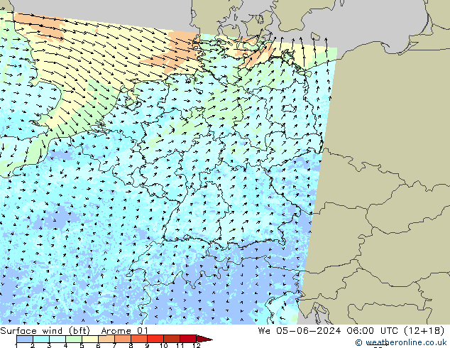  10 m (bft) Arome 01  05.06.2024 06 UTC