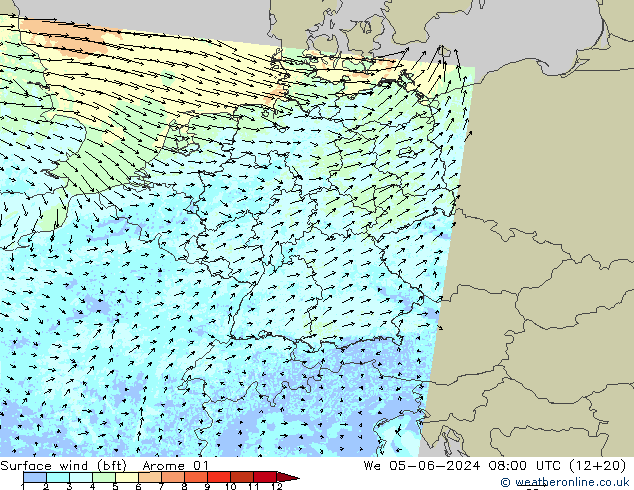 �N 10 米 (bft) Arome 01 星期三 05.06.2024 08 UTC