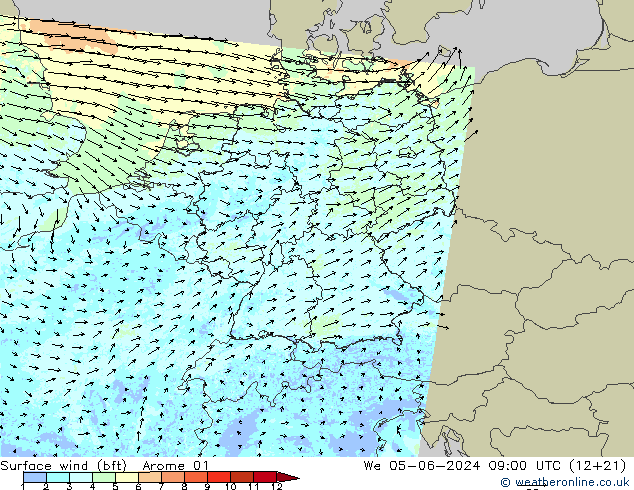 wiatr 10 m (bft) Arome 01 śro. 05.06.2024 09 UTC