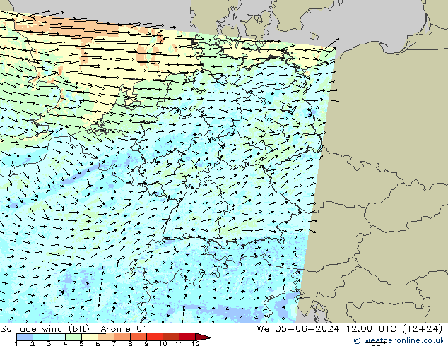 Vento 10 m (bft) Arome 01 mer 05.06.2024 12 UTC