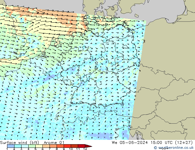Wind 10 m (bft) Arome 01 wo 05.06.2024 15 UTC