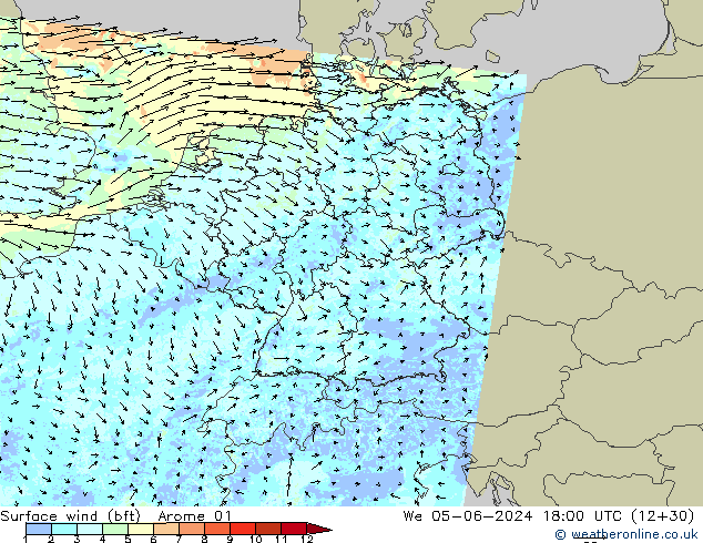 Rüzgar 10 m (bft) Arome 01 Çar 05.06.2024 18 UTC