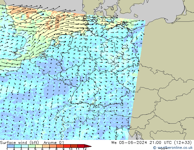 wiatr 10 m (bft) Arome 01 śro. 05.06.2024 21 UTC