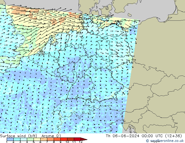 wiatr 10 m (bft) Arome 01 czw. 06.06.2024 00 UTC