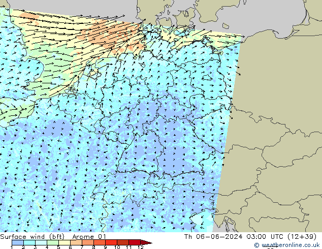  10 m (bft) Arome 01  06.06.2024 03 UTC