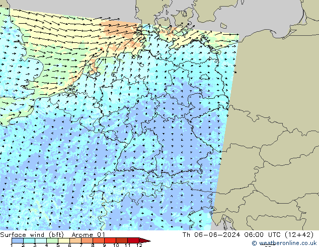  10 m (bft) Arome 01  06.06.2024 06 UTC