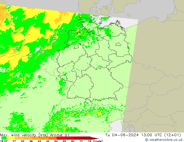 Max. wind velocity Arome 01 Tu 04.06.2024 13 UTC