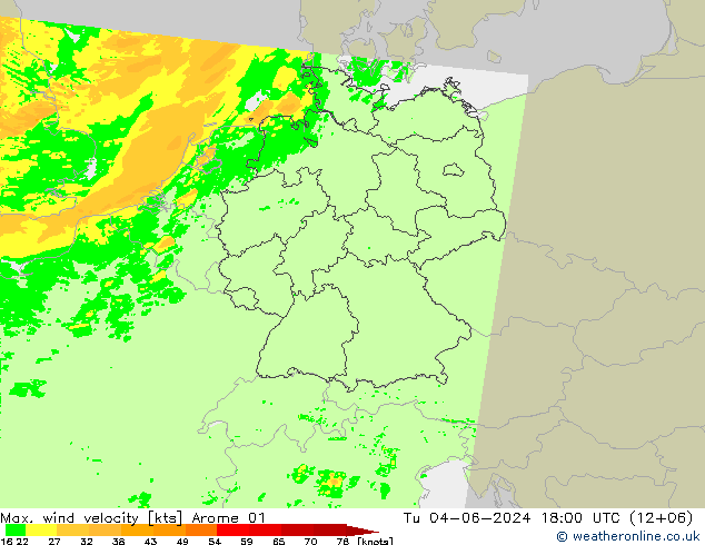 Max. wind velocity Arome 01 Tu 04.06.2024 18 UTC