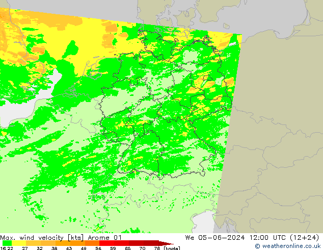 Max. wind velocity Arome 01 mié 05.06.2024 12 UTC