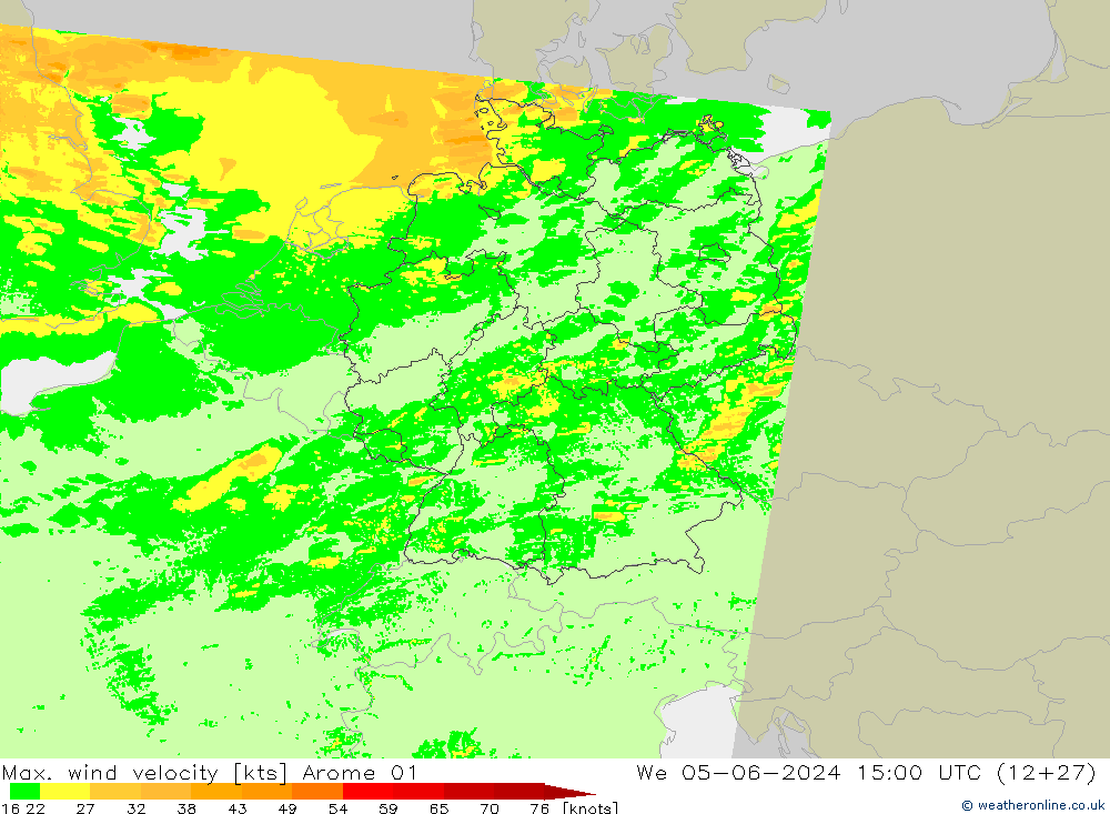 Max. wind velocity Arome 01 mer 05.06.2024 15 UTC