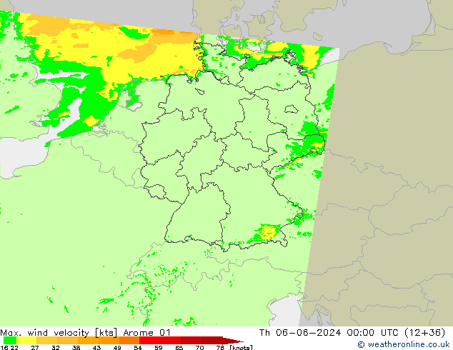 Max. wind velocity Arome 01 Čt 06.06.2024 00 UTC