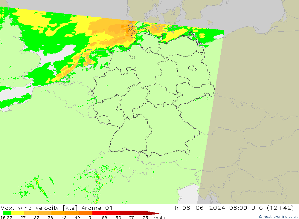 Max. wind velocity Arome 01 czw. 06.06.2024 06 UTC