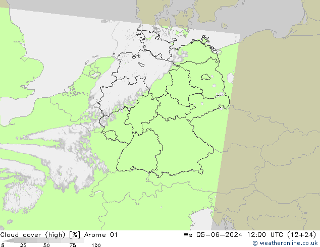 Cloud cover (high) Arome 01 We 05.06.2024 12 UTC