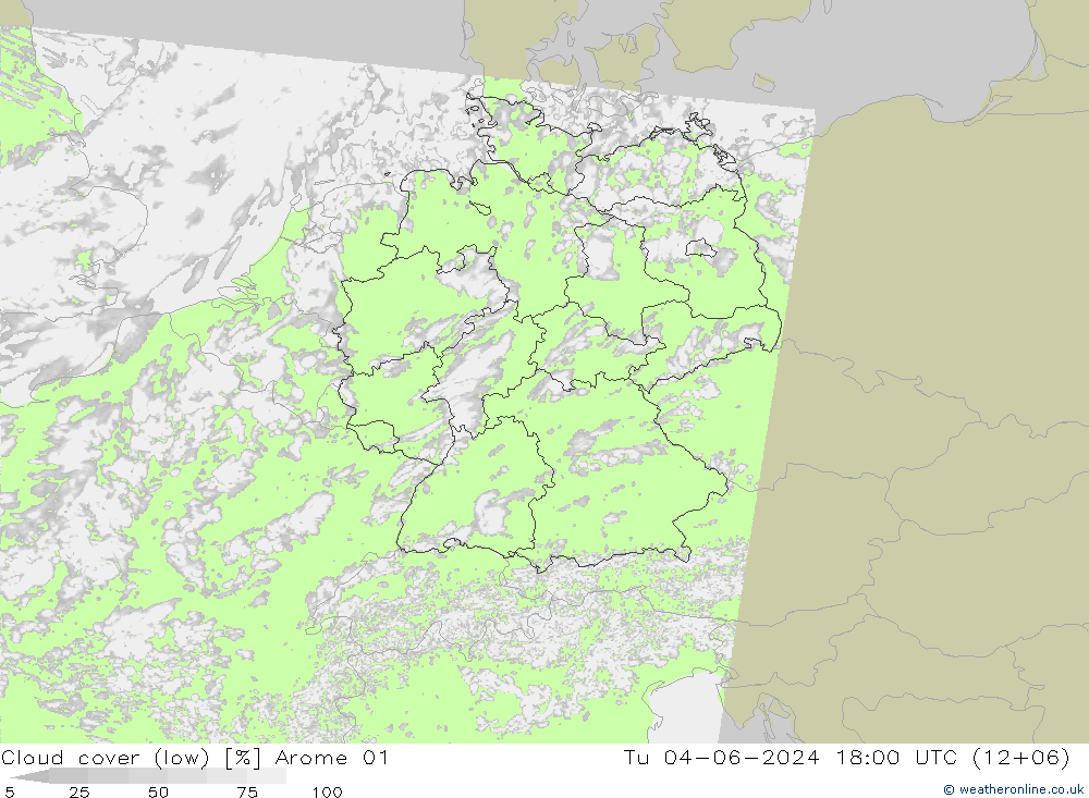 Cloud cover (low) Arome 01 Tu 04.06.2024 18 UTC