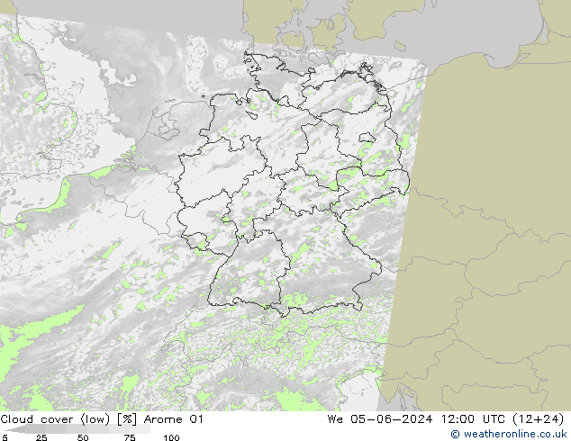 Cloud cover (low) Arome 01 We 05.06.2024 12 UTC