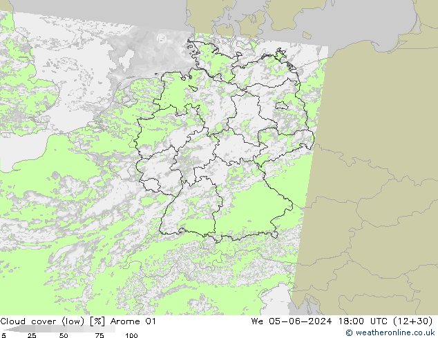 Cloud cover (low) Arome 01 We 05.06.2024 18 UTC