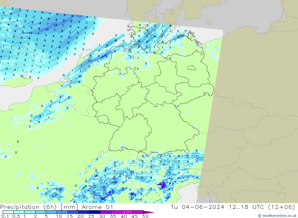 Precipitación (6h) Arome 01 mar 04.06.2024 18 UTC