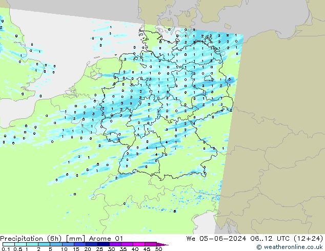 降水量 (6h) Arome 01 星期三 05.06.2024 12 UTC