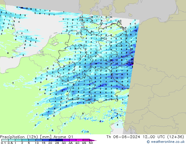 Precipitation (12h) Arome 01 Čt 06.06.2024 00 UTC