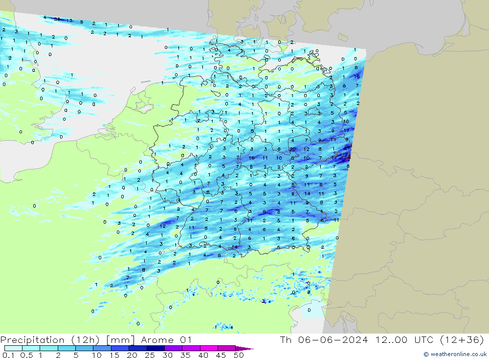 Precipitation (12h) Arome 01 Čt 06.06.2024 00 UTC