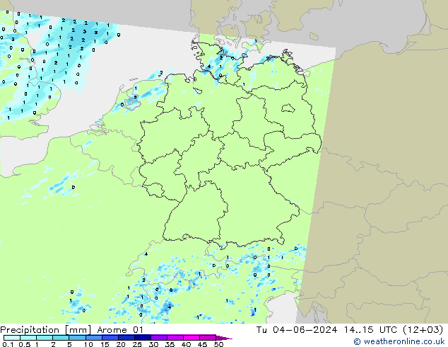 Srážky Arome 01 Út 04.06.2024 15 UTC