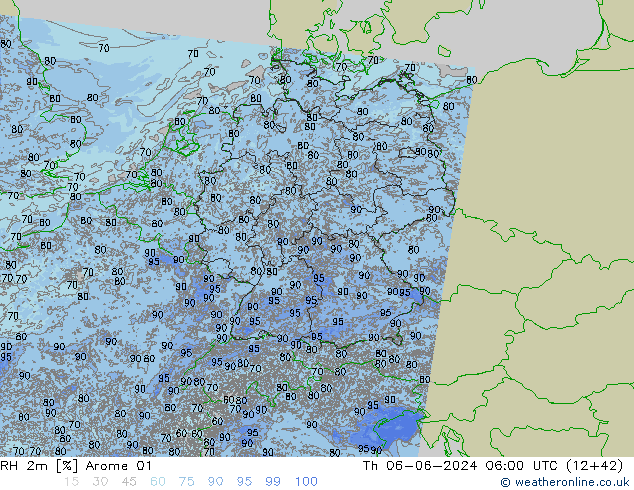 Humidité rel. 2m Arome 01 jeu 06.06.2024 06 UTC