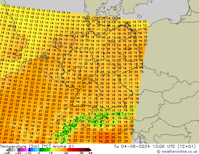 Temperature (2m) Arome 01 Út 04.06.2024 13 UTC