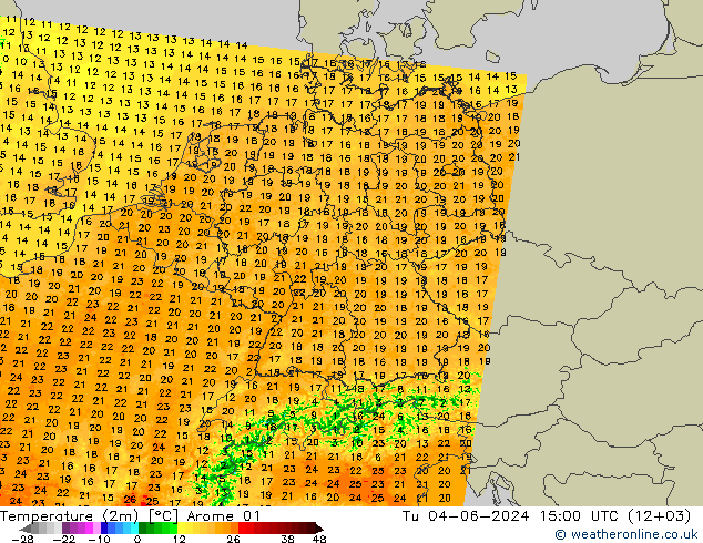 Temperatura (2m) Arome 01 mar 04.06.2024 15 UTC