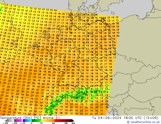 Temperature (2m) Arome 01 Tu 04.06.2024 18 UTC