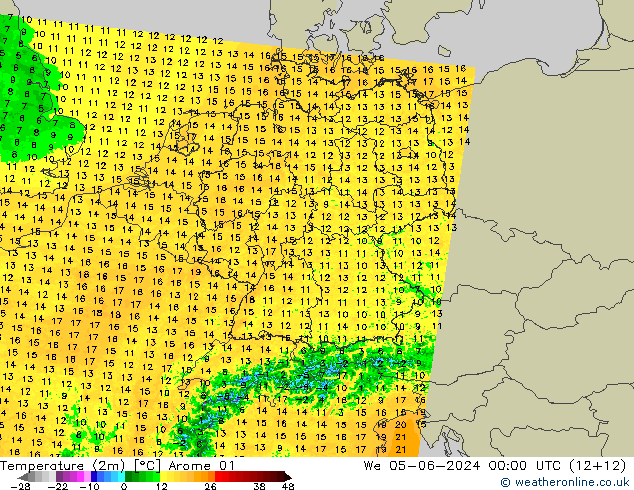 Temperature (2m) Arome 01 We 05.06.2024 00 UTC