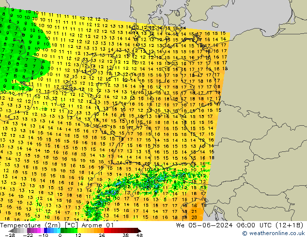 Sıcaklık Haritası (2m) Arome 01 Çar 05.06.2024 06 UTC