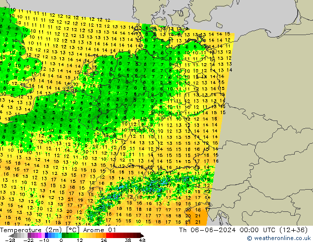 Temperatuurkaart (2m) Arome 01 do 06.06.2024 00 UTC