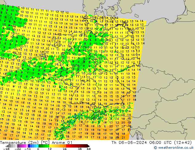Temperaturkarte (2m) Arome 01 Do 06.06.2024 06 UTC