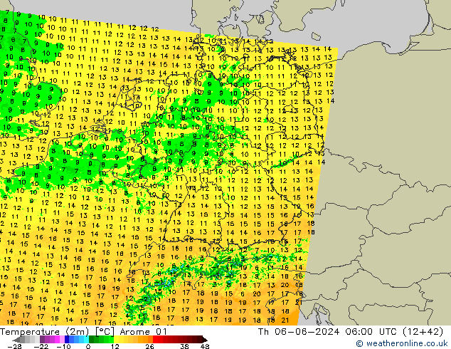 mapa temperatury (2m) Arome 01 czw. 06.06.2024 06 UTC